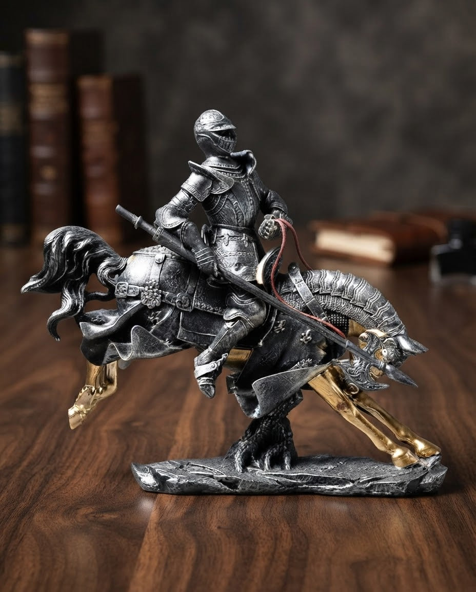 Handcrafted Medieval Knight on Horseback Bronze-Finish Collectible Figurine