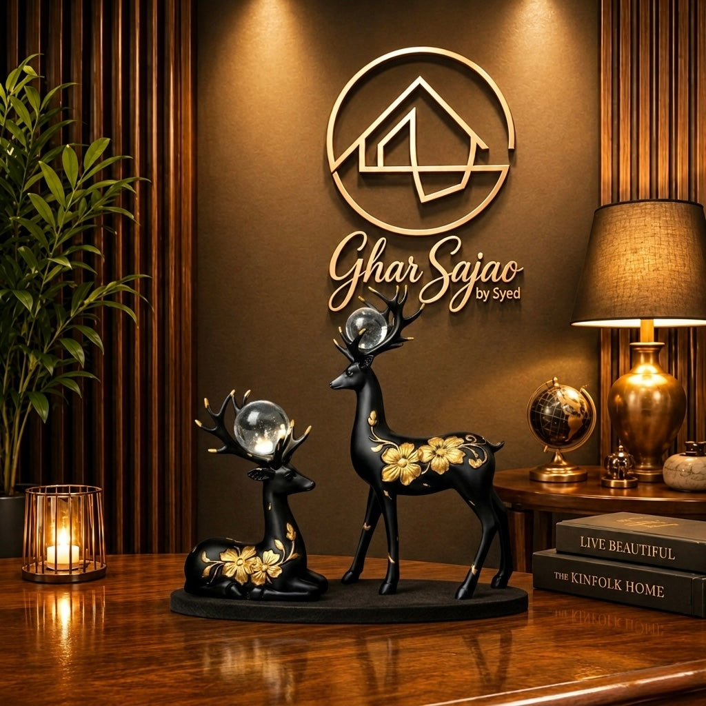 2 Deer Set – Black & Golden with Crystal Balls