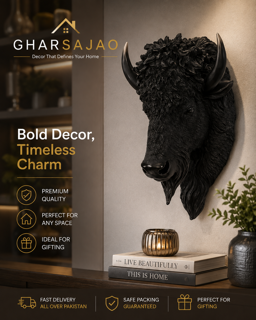 Premium Black Bull Head Wall Decor