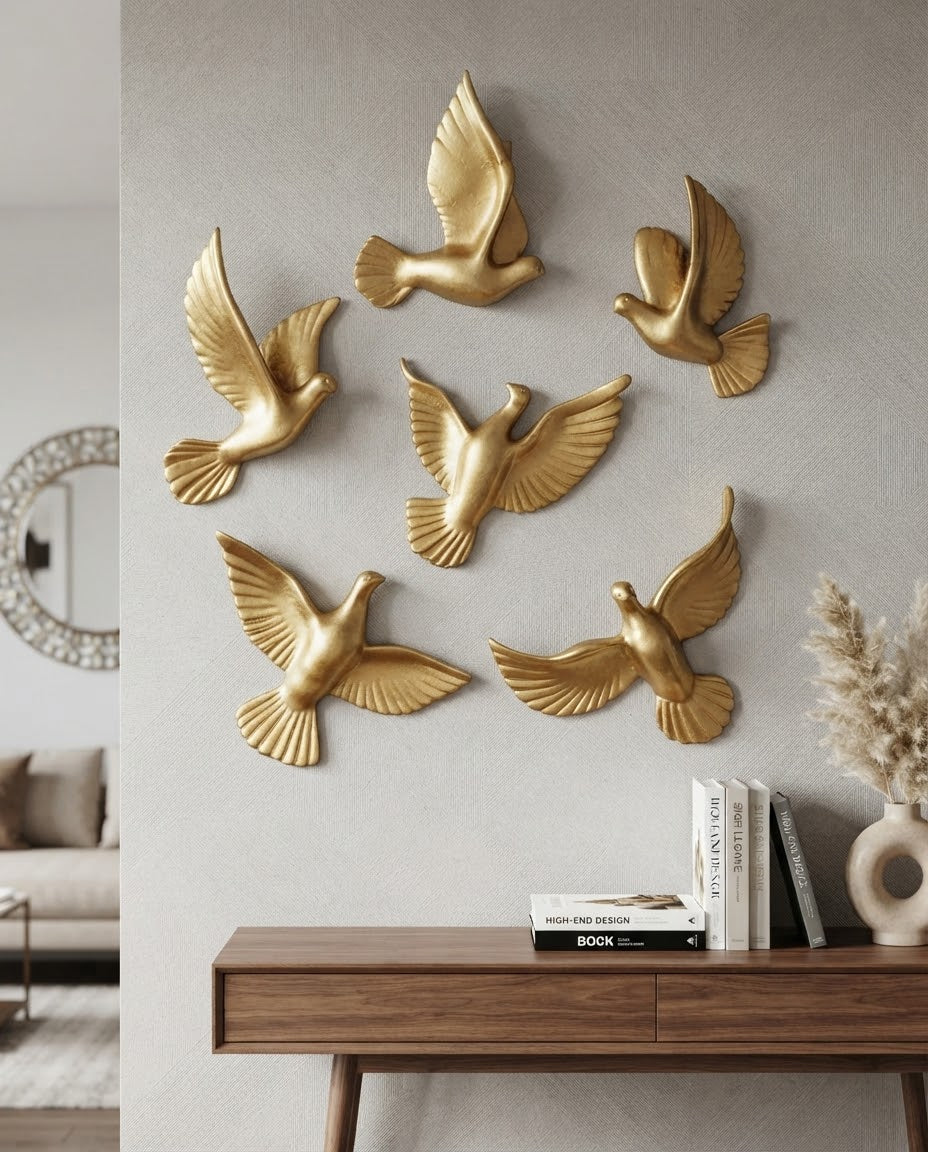 Golden Flying Birds Wall Decor Set (Pack of 6)