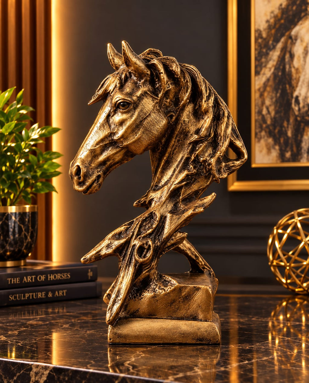 Majestic Golden Bronze Horse Head Figurine