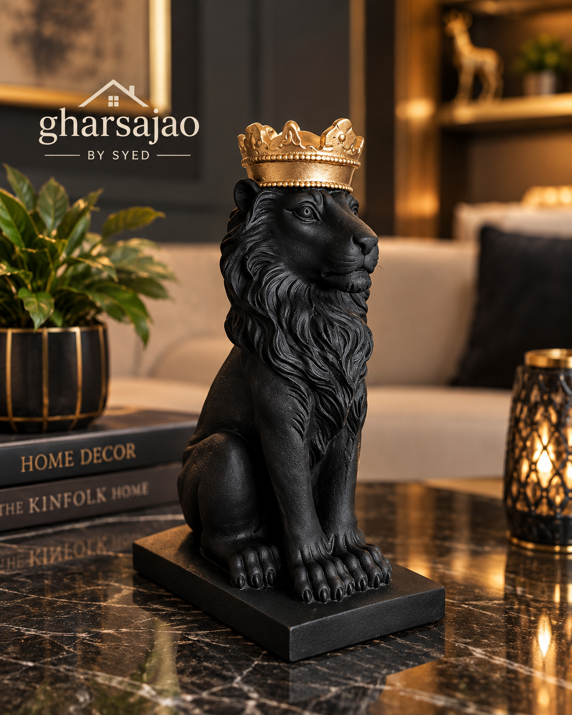 Royal Black Lion Crown Statue – Premium Home Décor