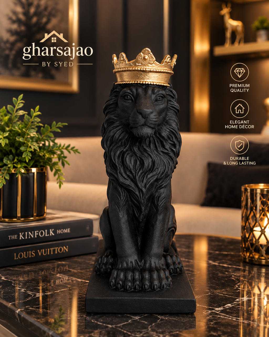 Royal Black Lion Crown Statue – Premium Home Décor
