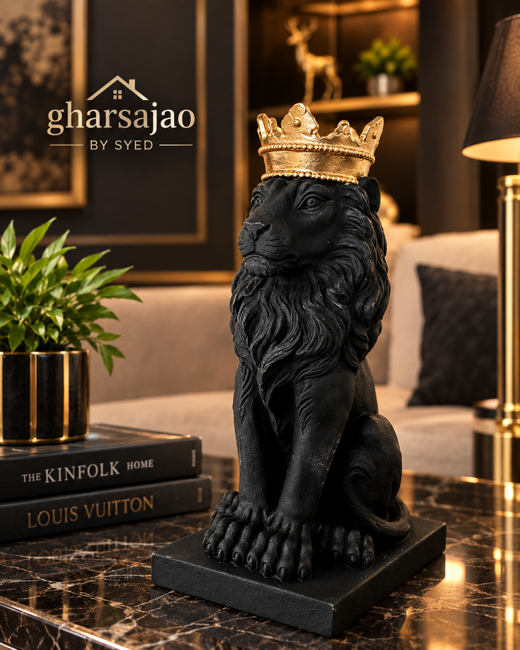 Royal Black Lion Crown Statue – Premium Home Décor