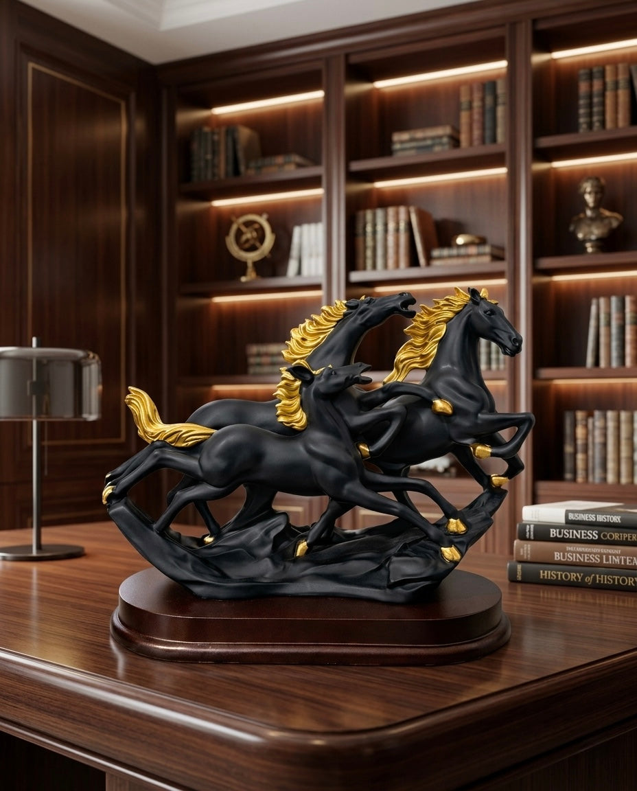 Majestic 3 Running Horses Luxury Sculpture – Black & White with Wooden Base