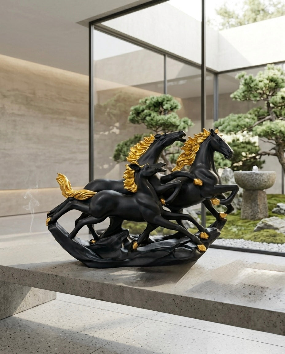 Majestic 3 Running Horses Luxury Sculpture – Black & White with Wooden Base