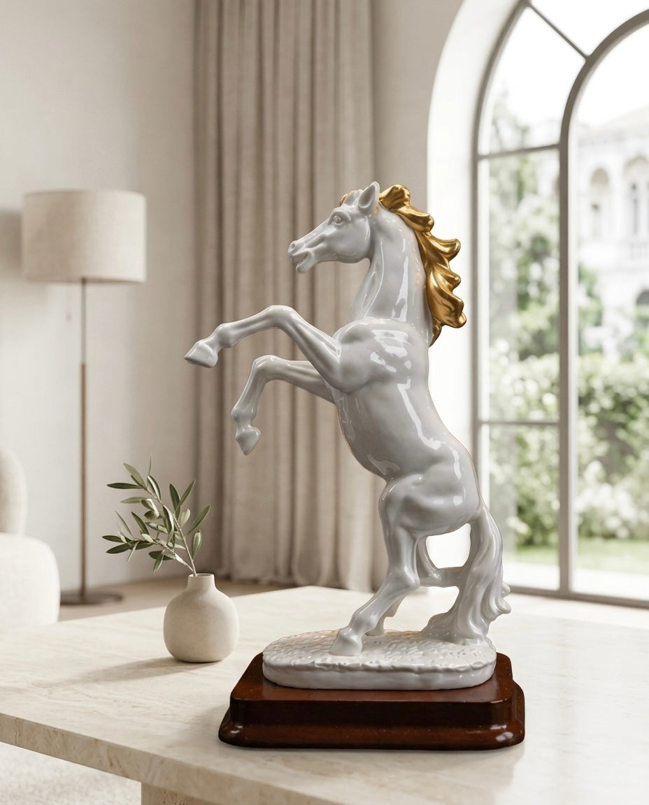 Luxury Horse Statue Set Small – Black & White Gold Finish Home Décor