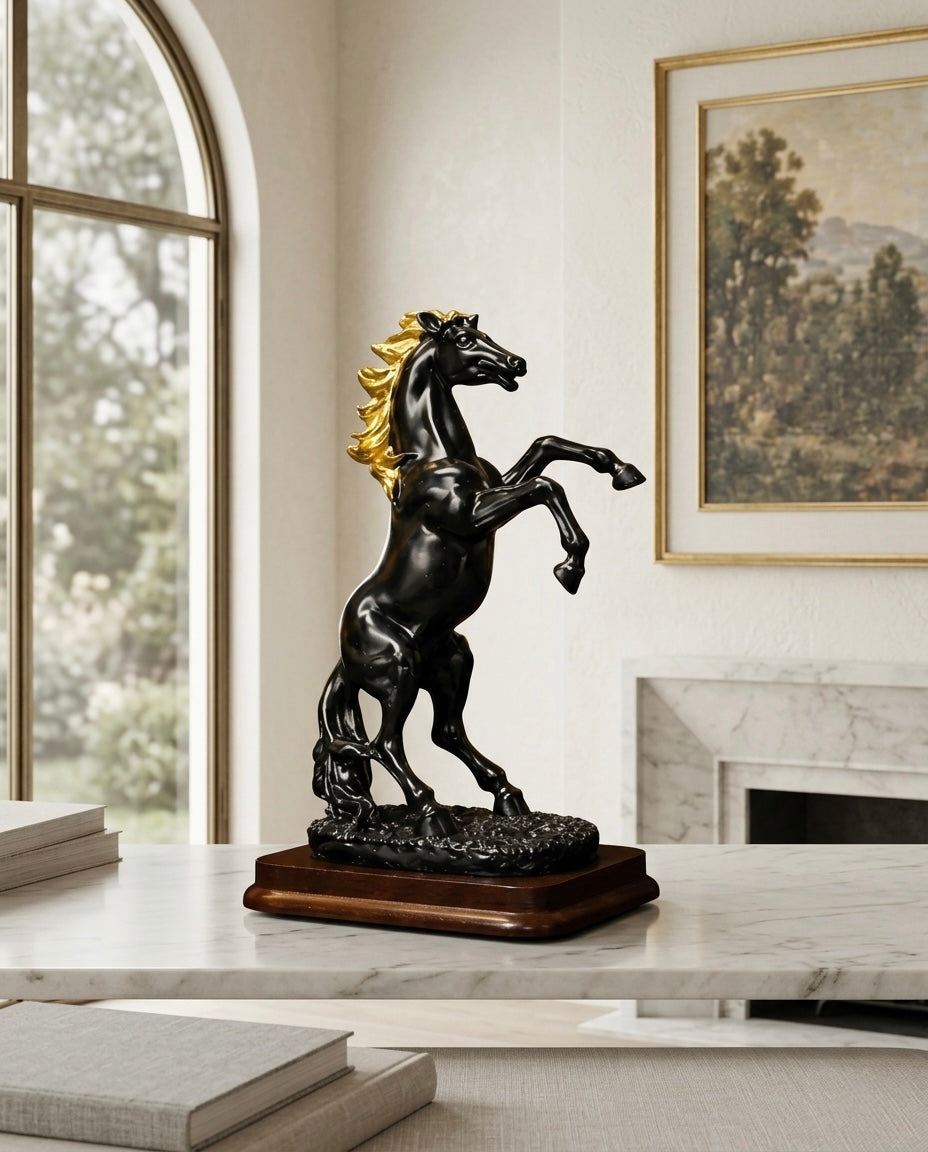 Luxury Horse Statue Set Small – Black & White Gold Finish Home Décor
