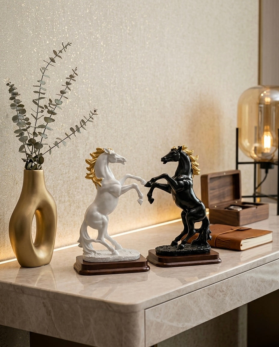 Luxury Horse Statue Set Small – Black & White Gold Finish Home Décor