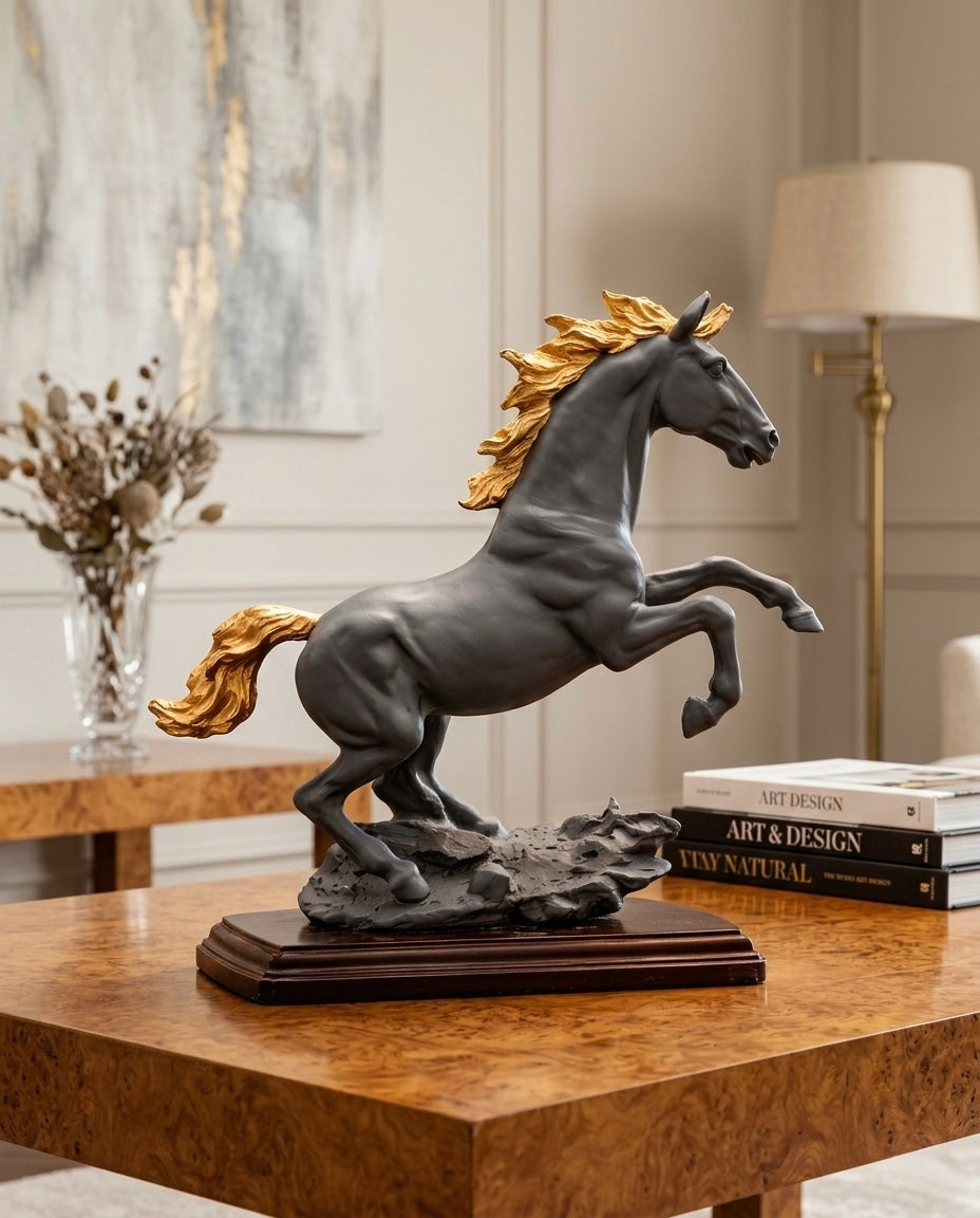 Premium Black & Gold Rearing Horse Statue – Luxury Table Decor