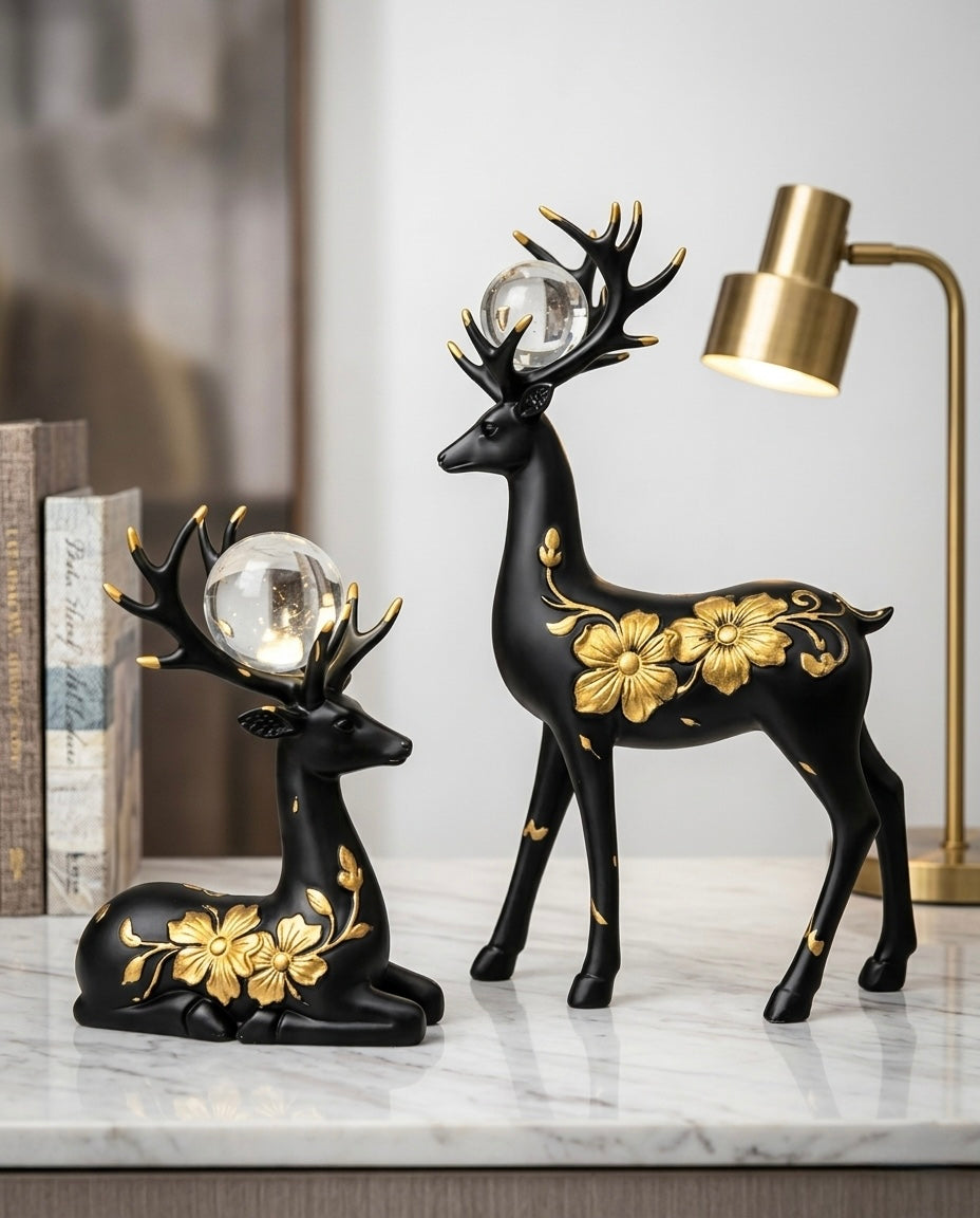 2 Deer Set – Black & Golden with Crystal Balls