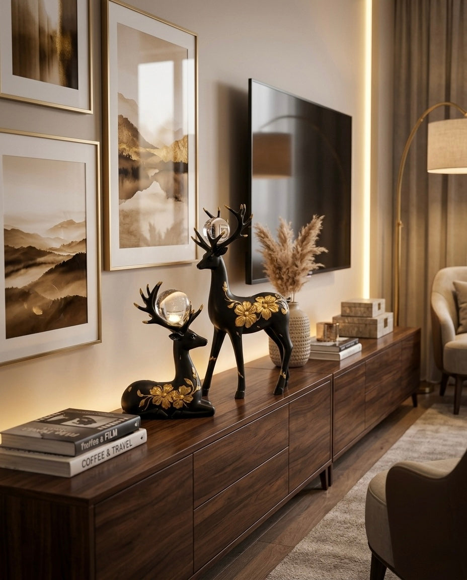 2 Deer Set – Black & Golden with Crystal Balls
