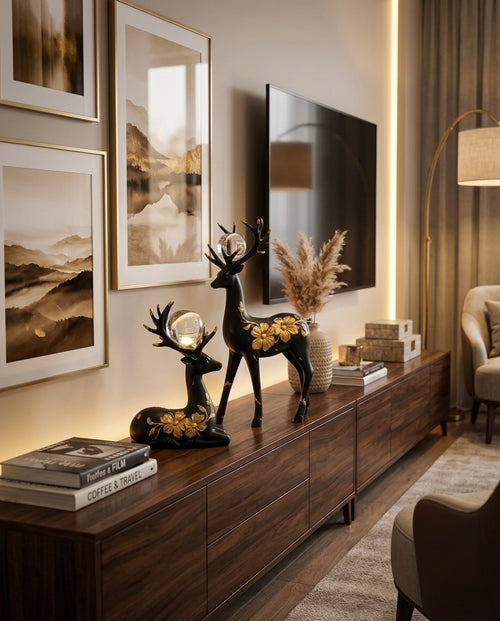 2 Deer Set – Black & Golden with Crystal Balls