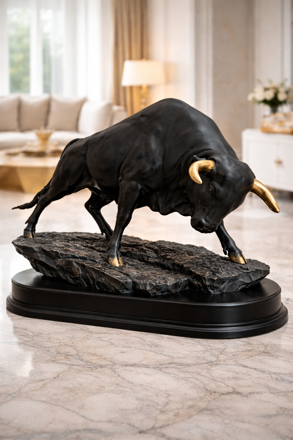 Royal Black Buffalo Luxury Sculpture – Premium Strong Base Décor Piece