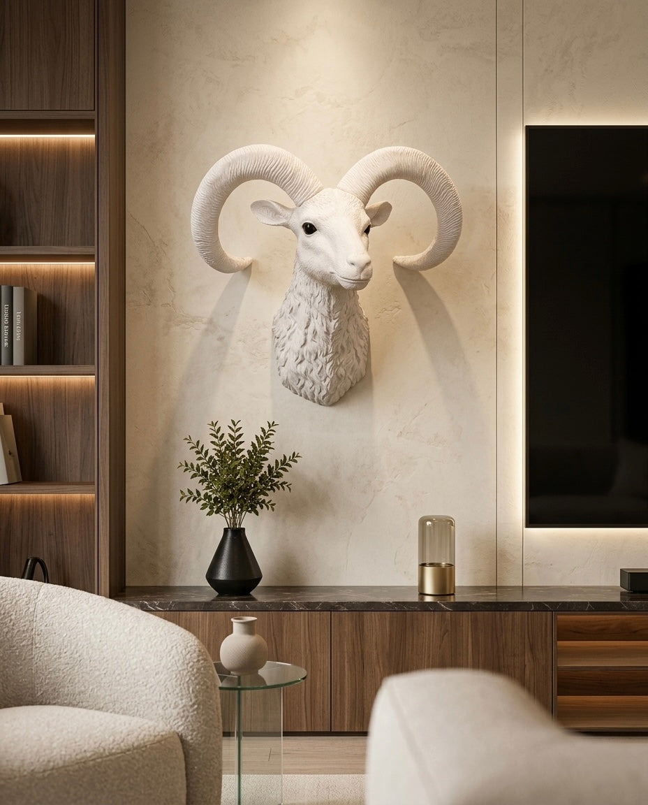 Majestic White Ram Head Wall Sculpture – Luxury Nordic Décor