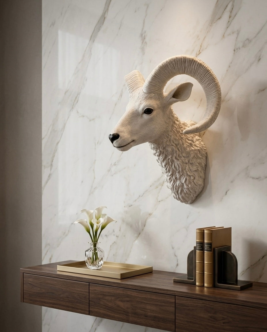 Majestic White Ram Head Wall Sculpture – Luxury Nordic Décor