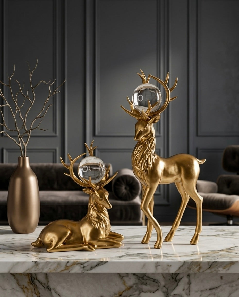 Elegant Gold & Black Crystal Deer Couple Figurines – Premium Décor Set