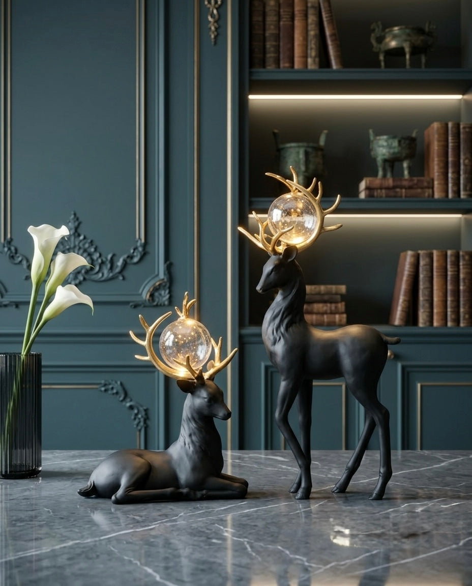 Elegant Gold & Black Crystal Deer Couple Figurines – Premium Décor Set