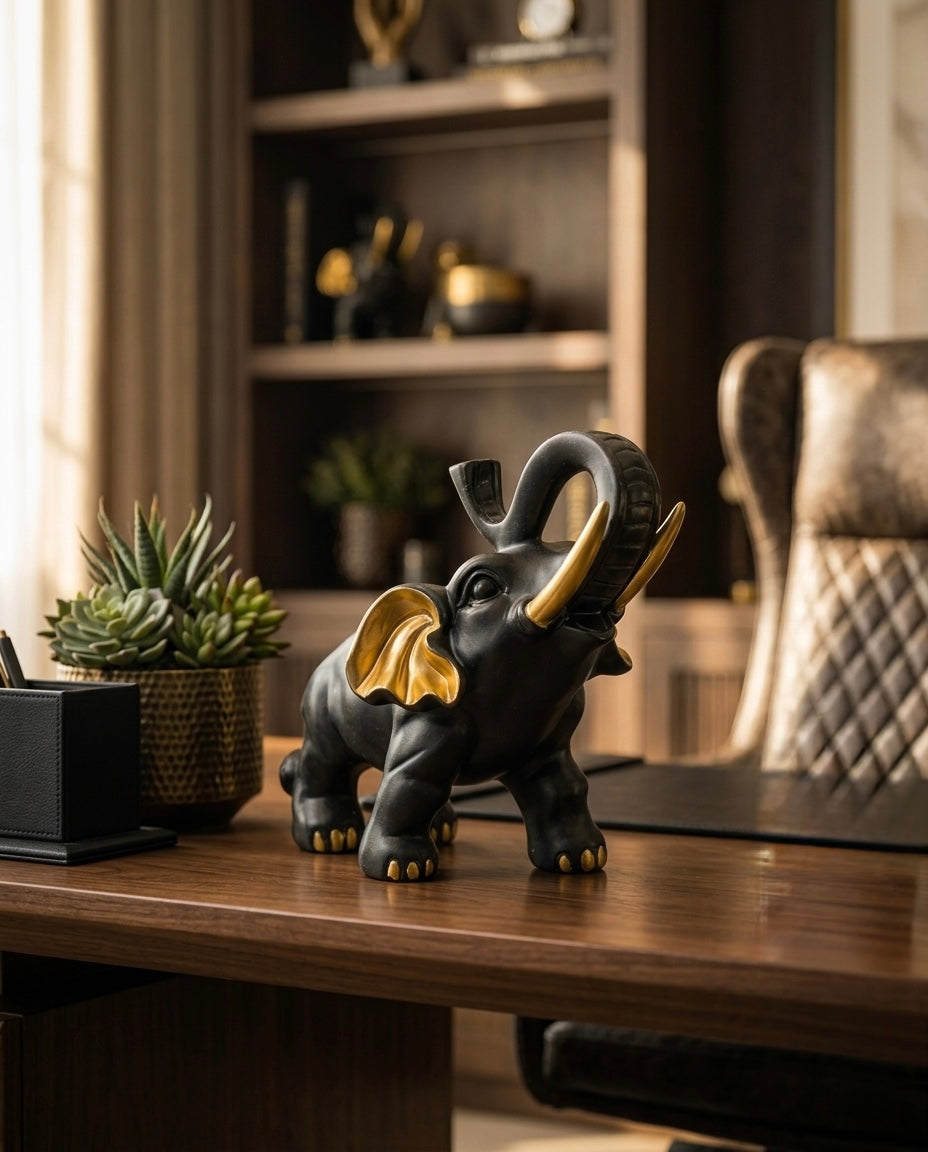 Royal Black & Gold Elephant Luxury Sculpture – Premium Home Décor Accent