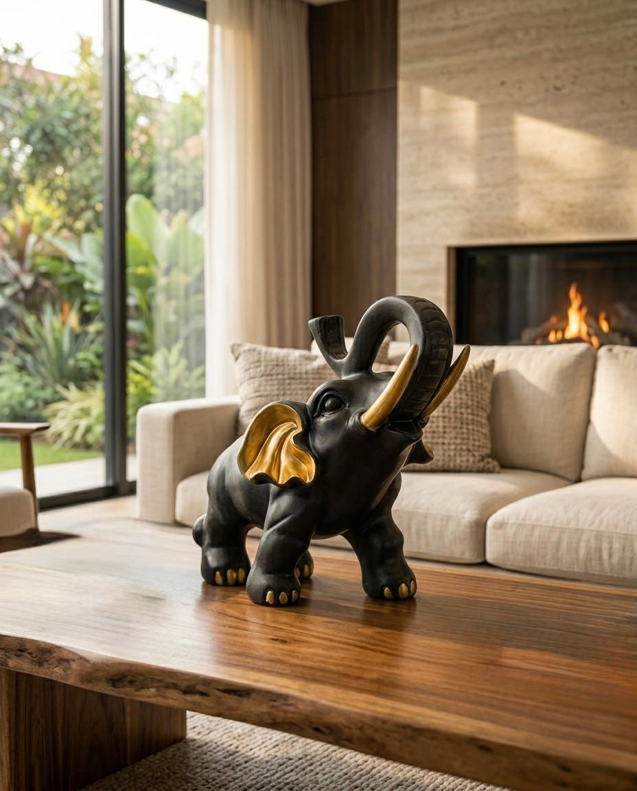 Royal Black & Gold Elephant Luxury Sculpture – Premium Home Décor Accent