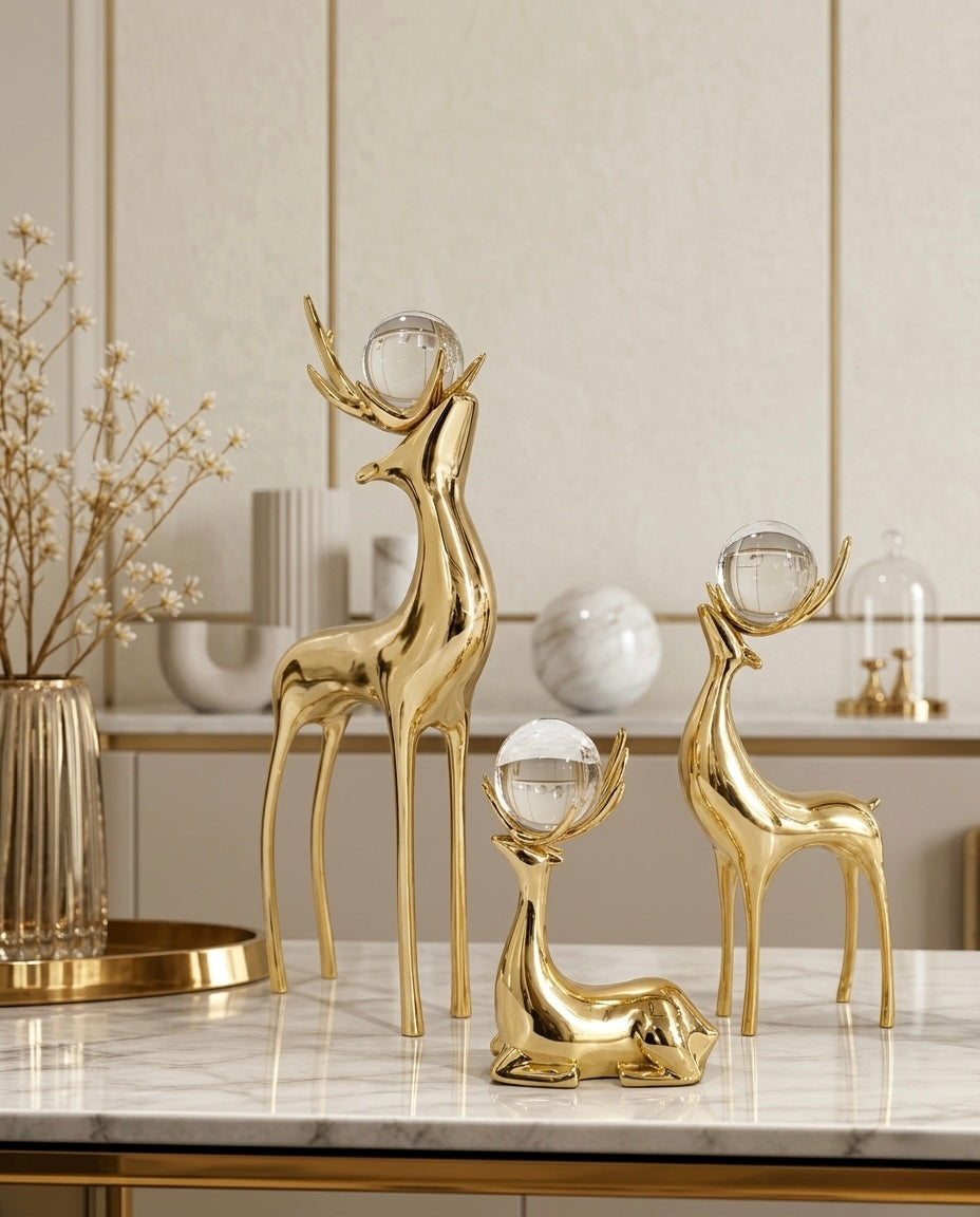 Royal Gold Crystal Deer Figurines – Luxury Home Décor Showpiece Set