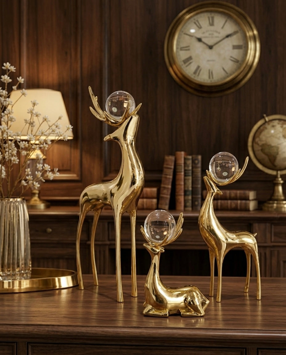 Royal Gold Crystal Deer Figurines – Luxury Home Décor Showpiece Set
