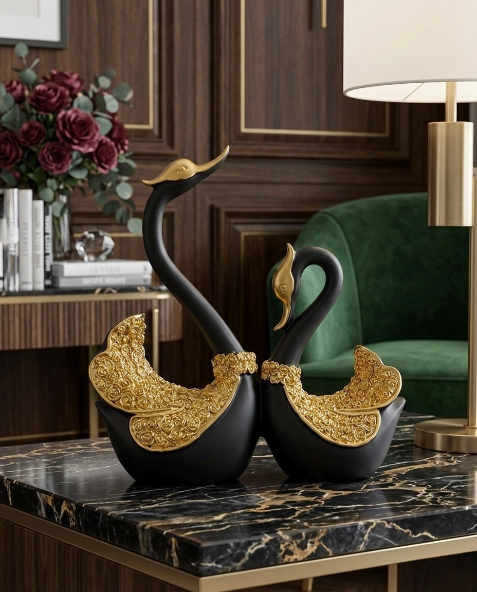 Romantic Swan Pair Showpiece – Elegant Black & Gold Décor