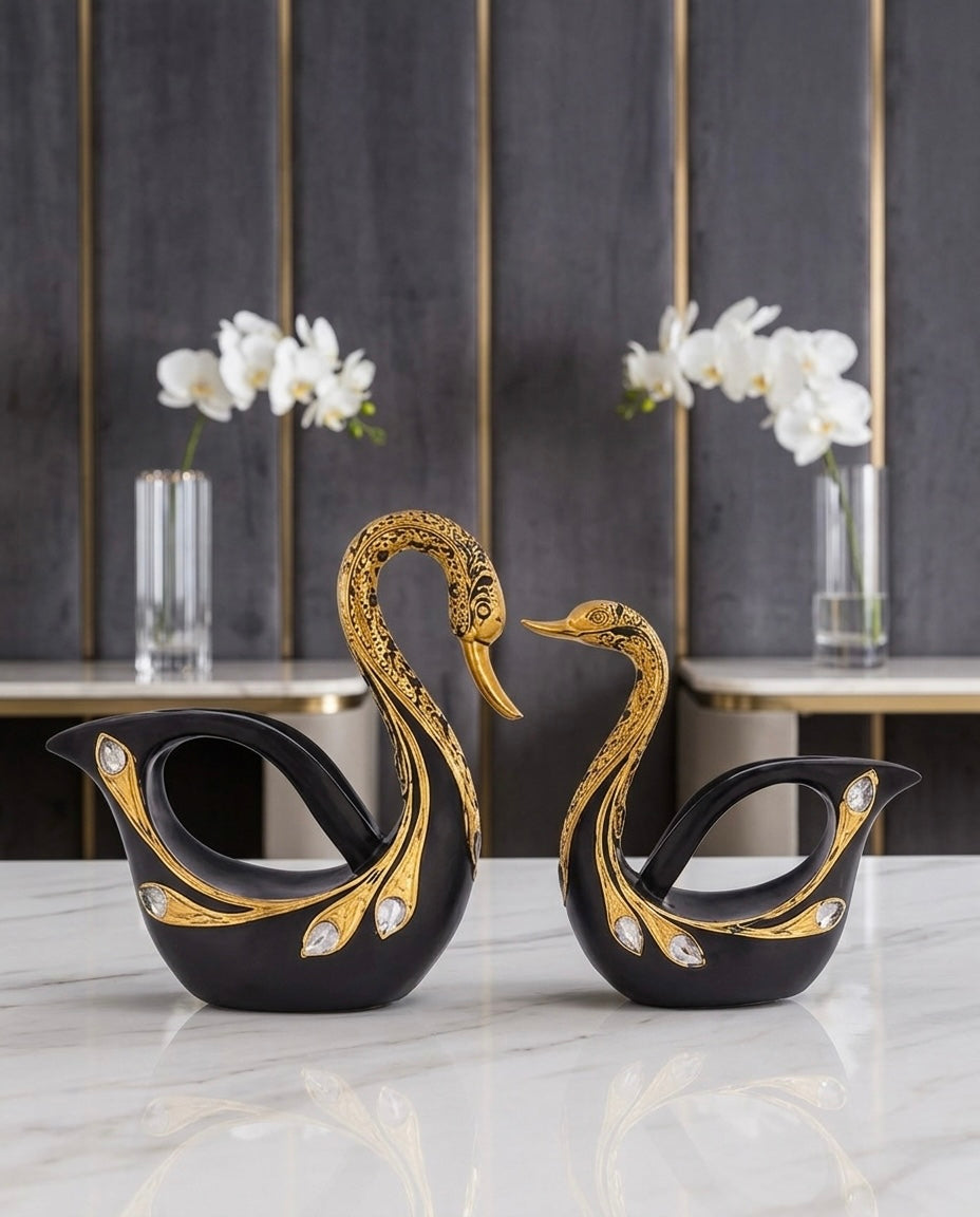 Premium Swan Couple Décor Set – Black & Gold Luxury Design