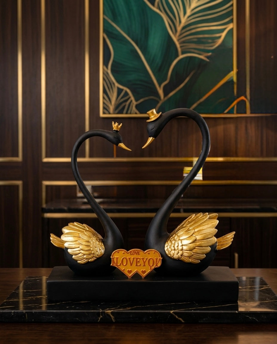 Royal Swan Couple Love Statue – Black & Gold Statement Décor
