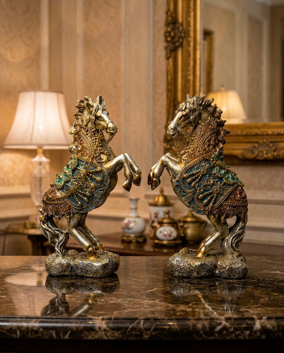 PAIR OF Royal Golden Horse Statue Set