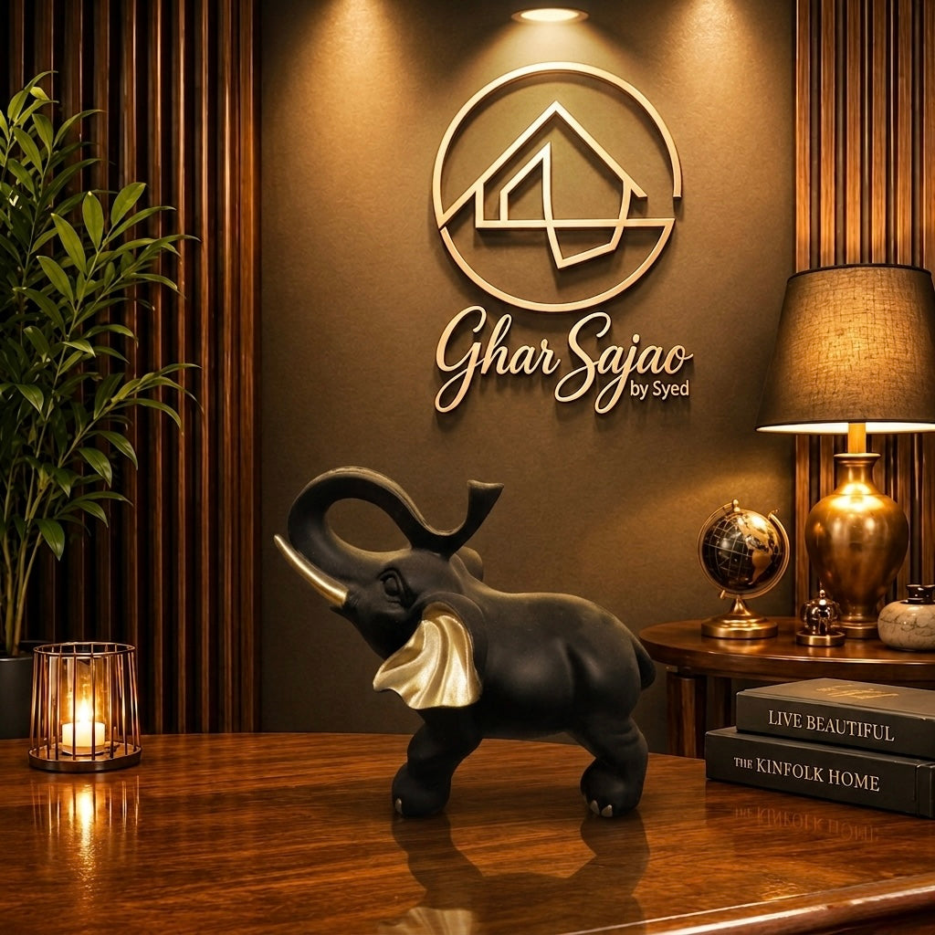 Royal Black & Gold Elephant Luxury Sculpture – Premium Home Décor Accent