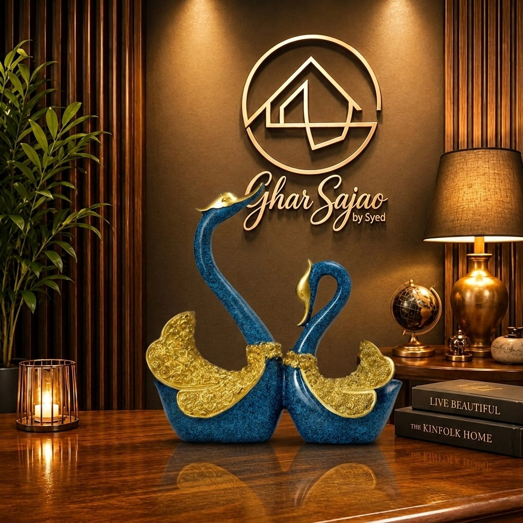 Elegant Swan Couple Luxury Sculpture – Blue & Gold Decorative Figurines