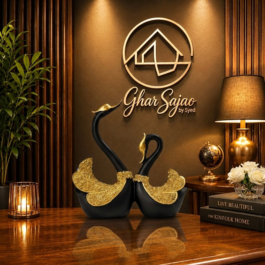 Romantic Swan Pair Showpiece – Elegant Black & Gold Décor