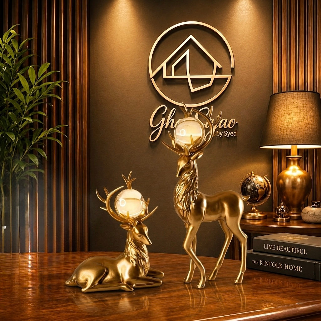 Elegant Gold & Black Crystal Deer Couple Figurines – Premium Décor Set