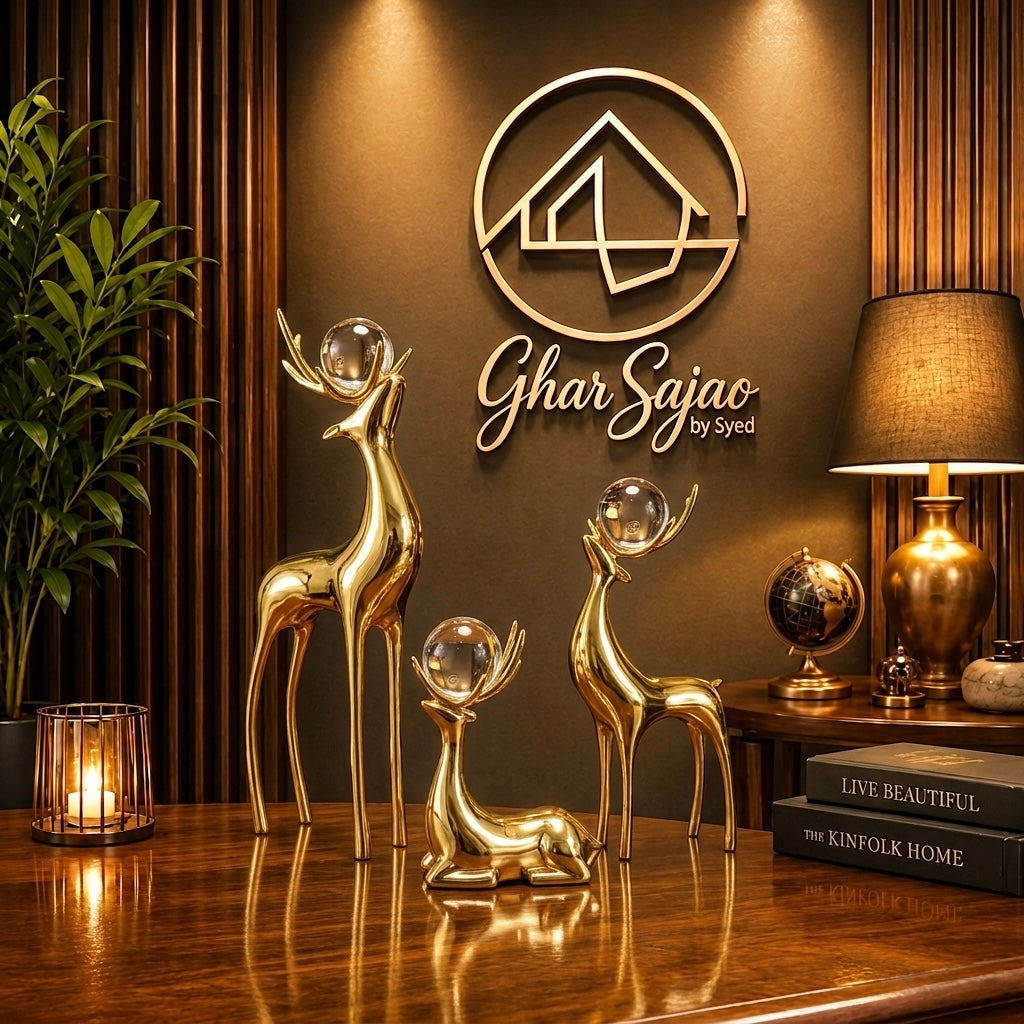 Royal Gold Crystal Deer Figurines – Luxury Home Décor Showpiece Set