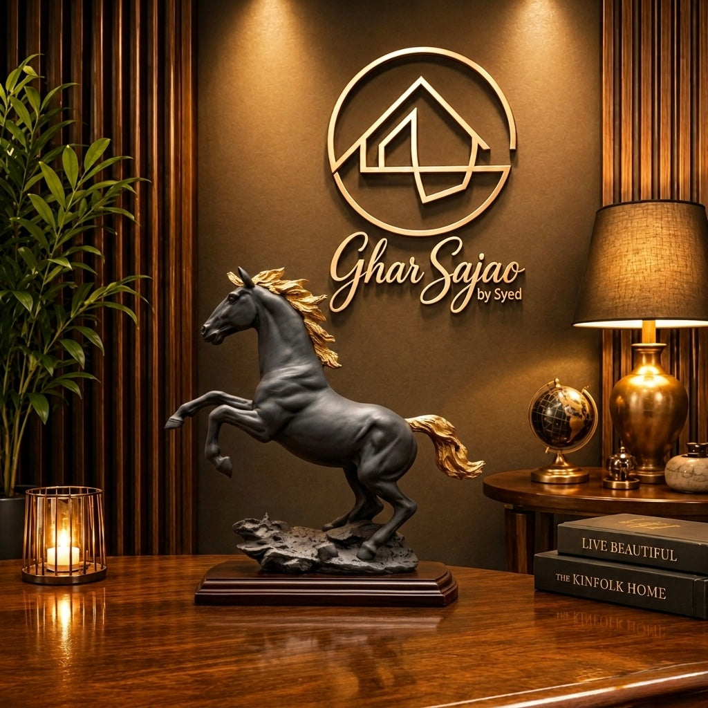 Premium Black & Gold Rearing Horse Statue – Luxury Table Decor