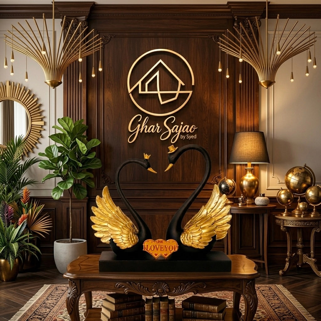 Royal Swan Couple Love Statue – Black & Gold Statement Décor