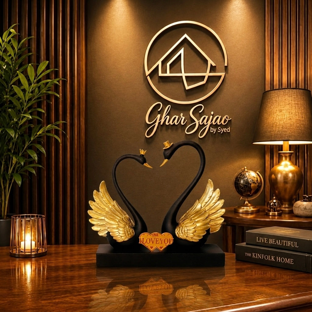 Royal Swan Couple Love Statue – Black & Gold Statement Décor