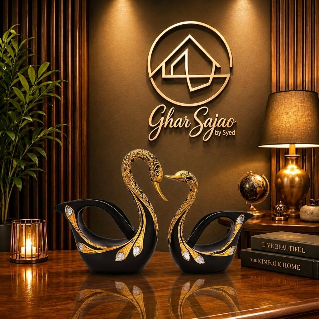 Premium Swan Couple Décor Set – Black & Gold Luxury Design