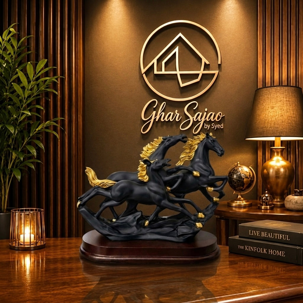 Majestic 3 Running Horses Luxury Sculpture – Black & White with Wooden Base